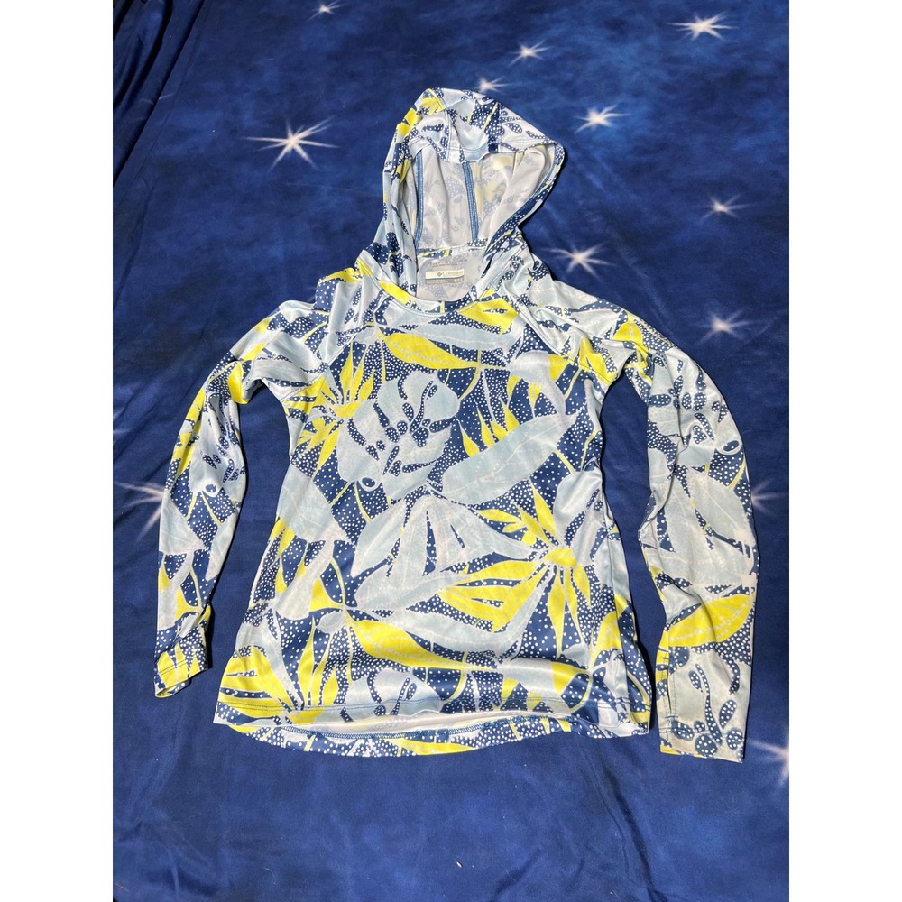 Columbia Girls Omni-Shade Sun Protection Hoodie Blue Yellow Tropical Leaf 10-12